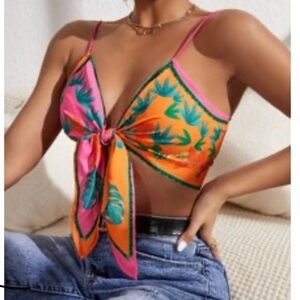 Shein Scarf Tie Crop Top in Tropical Print